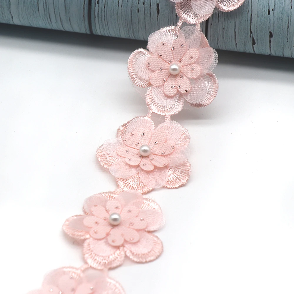 4.5cm Width Pearl Flower Beaded Embroidery DIY Accessories Sewing Material Just a trim Bride Lace Trim Fabrics For Dresses