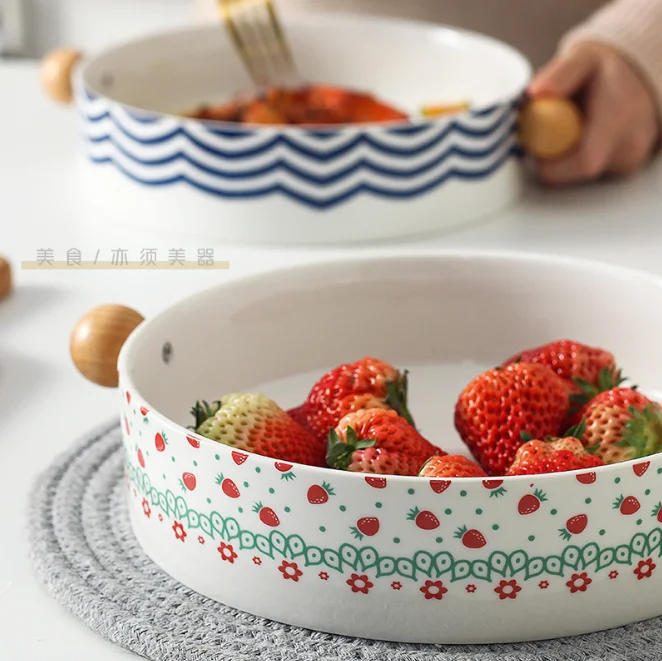 
Nordic style Bohemian round ceramic baking bowls with wood ball handles 