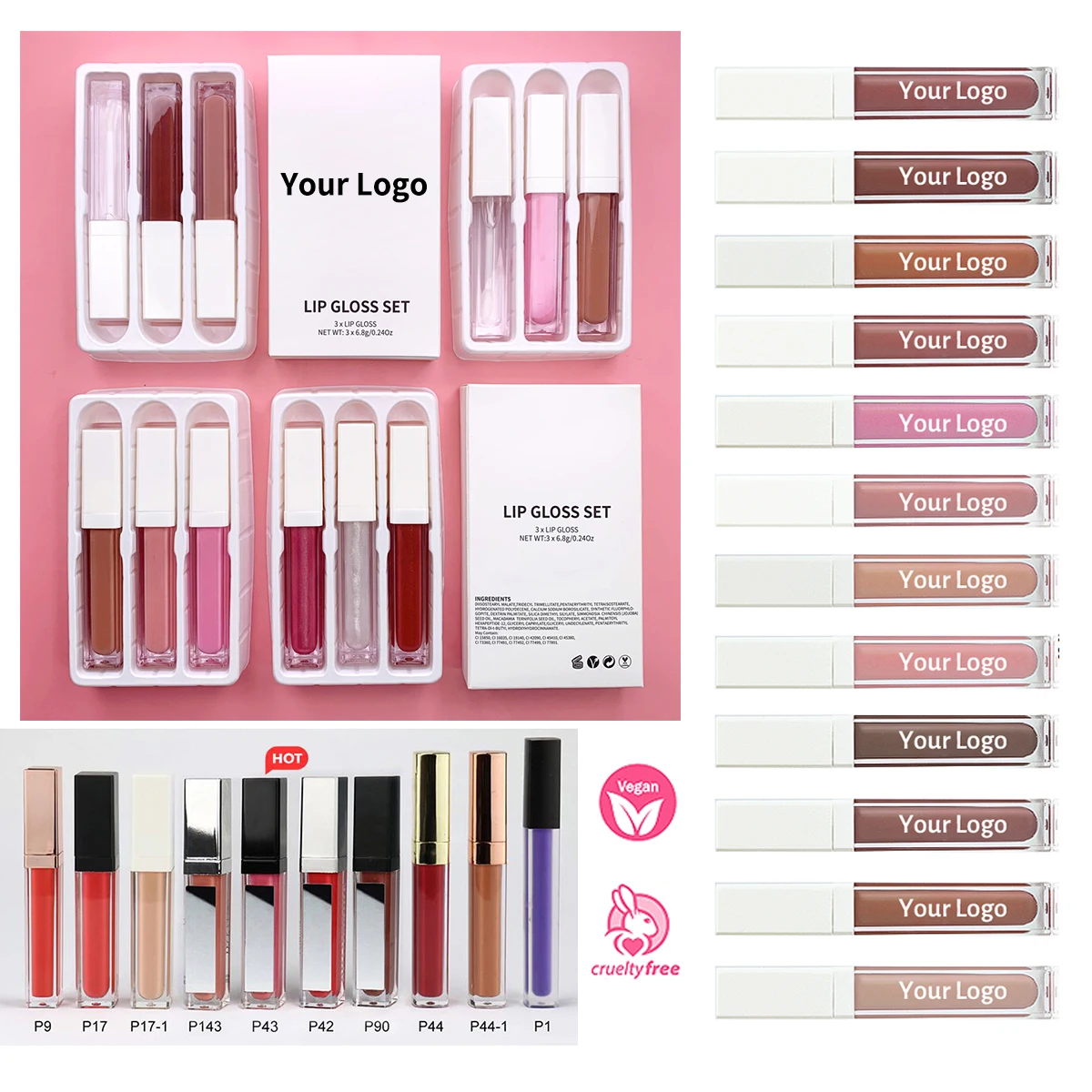 Wholesale no logo glossy high pigment liquid shimmer nude lip gloss custom private label lipgloss