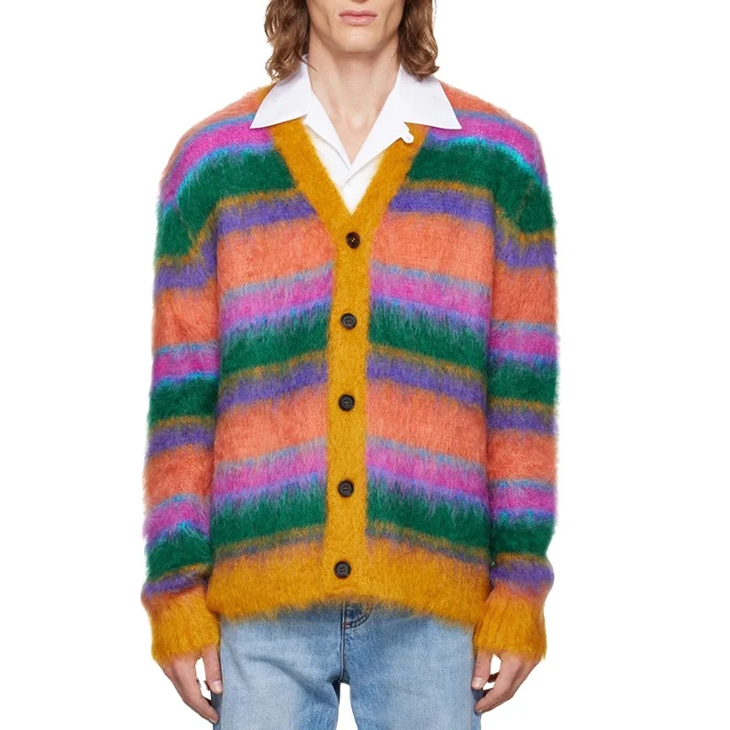 2023 Custom OEM & ODM mohair men sweater Fuzzy designer knitwear winter Striped mohair knitted custom Cardigan knit sweater men