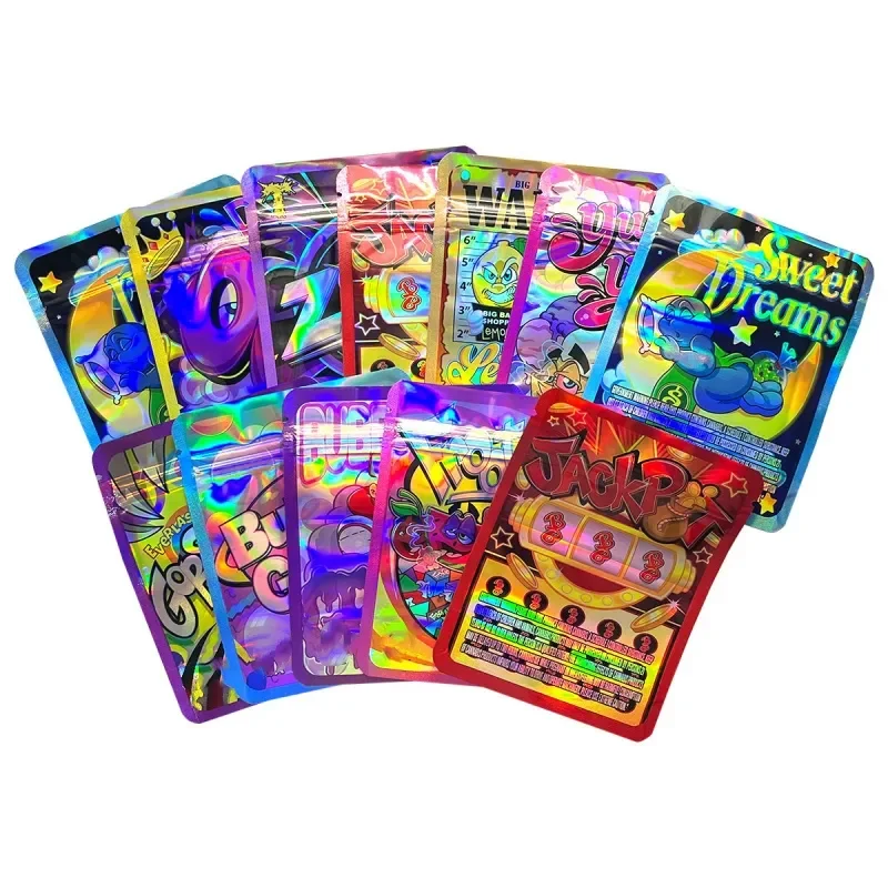 Custom Printed Plastic Holographic Mylar Bag High Barrier Childproof Food Packaging Stand Up Pouch Snack Candy Ziplock Bags