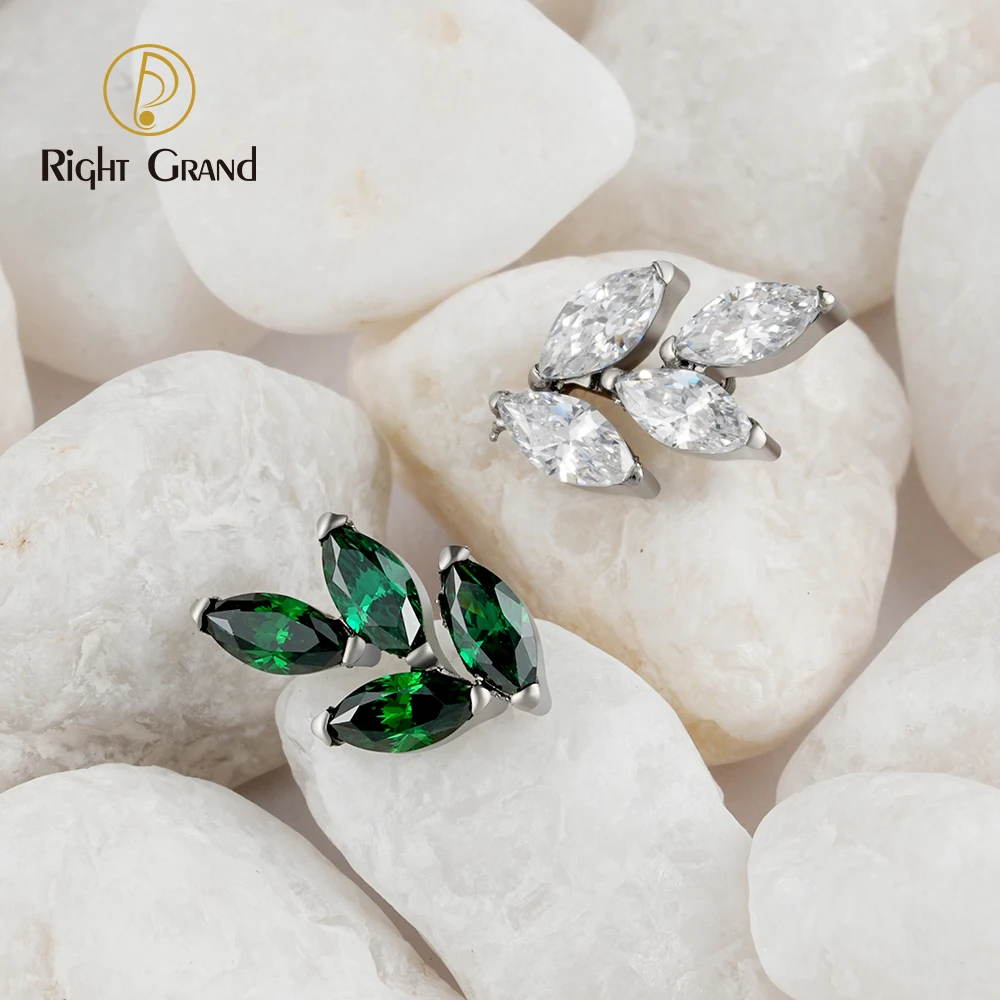Right Grand ASTM F136 Titanium 16G Marquise CZ Leaf Shaped Cartilage Helix Conch Lobe Ear Piercing Flat Back Earring
