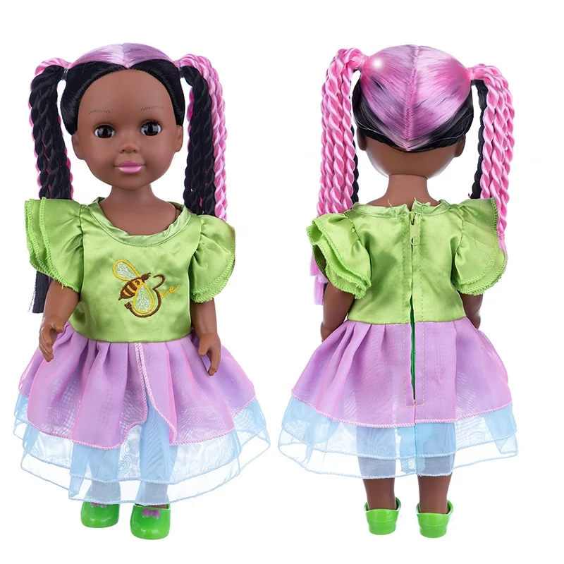 Role playing game toy 14inch oem pink braid hair black girl doll