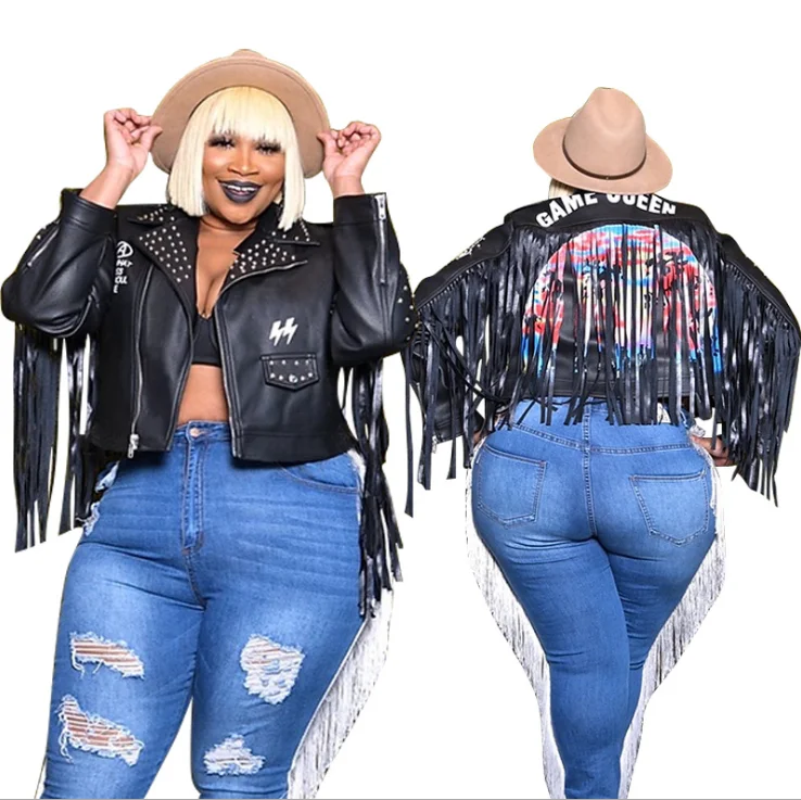
Newest design fashion fringes rivet letter printed high class black leather jacket womens plus size moto jackets OR20798 