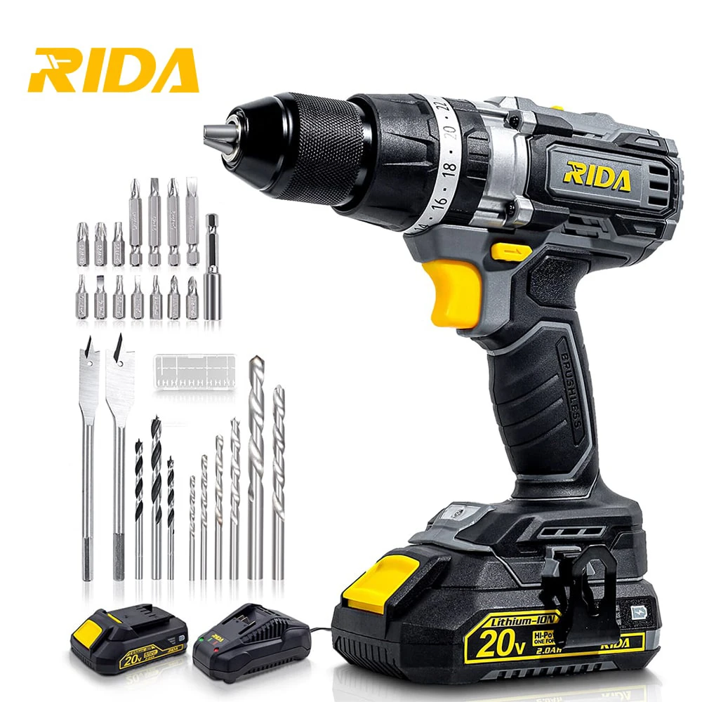 20V portable multifunctional outdoor power tool battery motor cordless Brushless impact drill with drill bit set