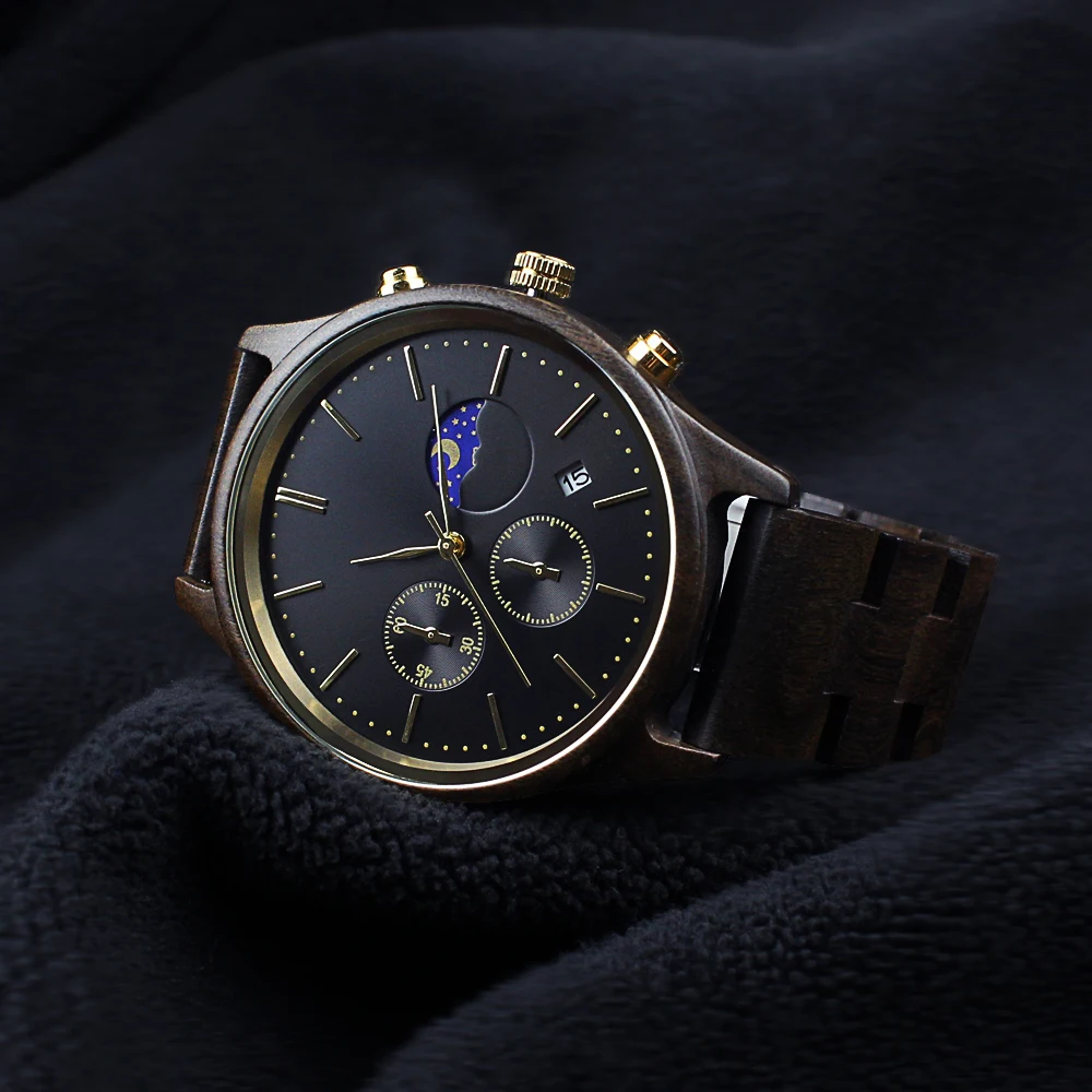 Best Gift Full Natural Walnut Wood Band Quartz Moon Phase Calendar Male Wristwatch Fashion Men Chronograph Wooden Watch