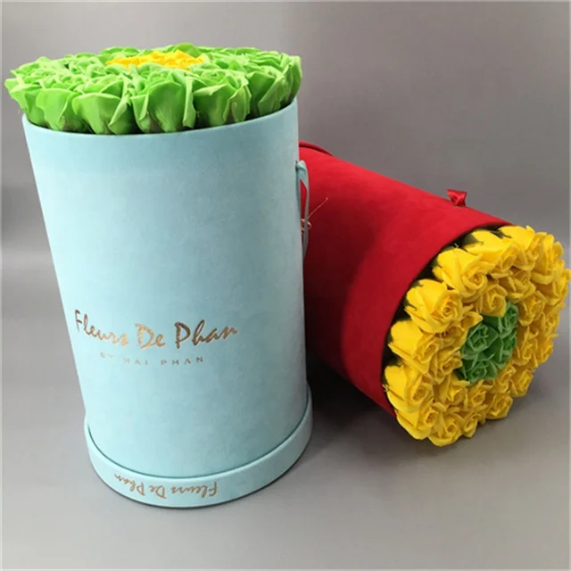 Luxury round tube velvet flower box for flower packaging box with custom logo