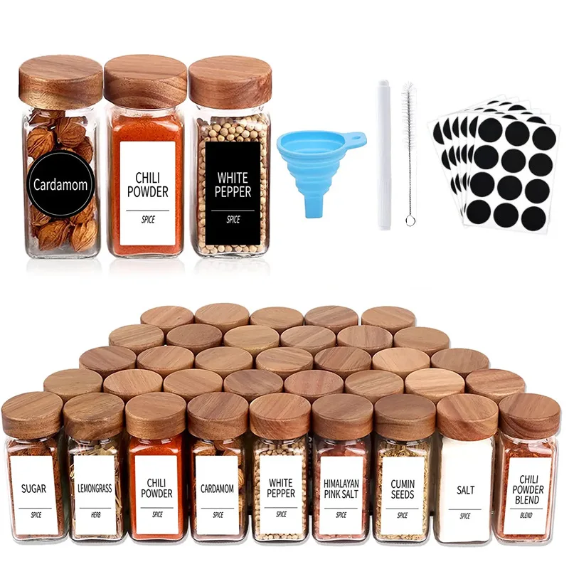 New Hot Sale 24pcs of 120ml Glass Spice Jars set with Acacia Lids and Labels Stickers, 4oz Empty Square Spice Bottles Spice Jar