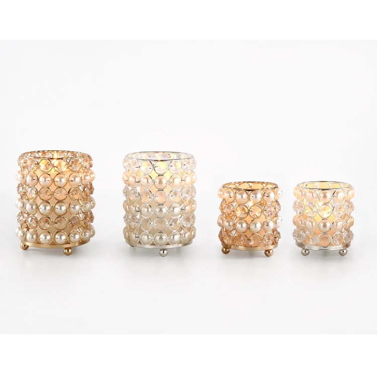 
Wholesale Iron Votive Metal Small Crystal Beaded Candle Holder With Pillar 