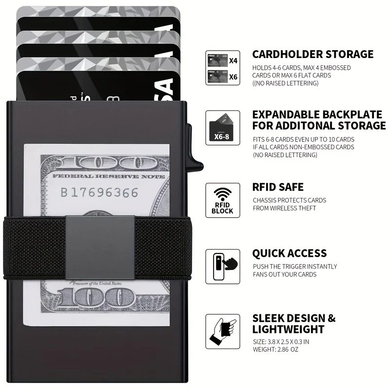 Slim Aluminum Card Holder Wallet for Men Durable Expandable Backplate RFID Blocking Minimalist Metal Pop Up Card Holder Wallet