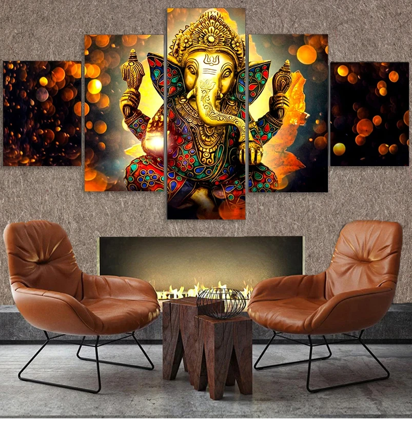 Modern 5-Piece HD Printed Canvas Art Sofa Backdrop Frameless Hindu God Wall Decoration Painting