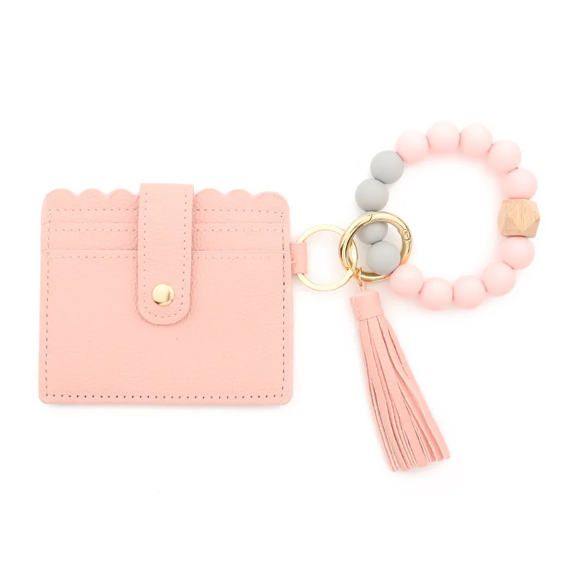 2024 Silicone Beaded Wristlet Keychain Wallet Custom logo Leopard Sunflower Card Holder Wallet Pu Leather Mini Lady Wallet
