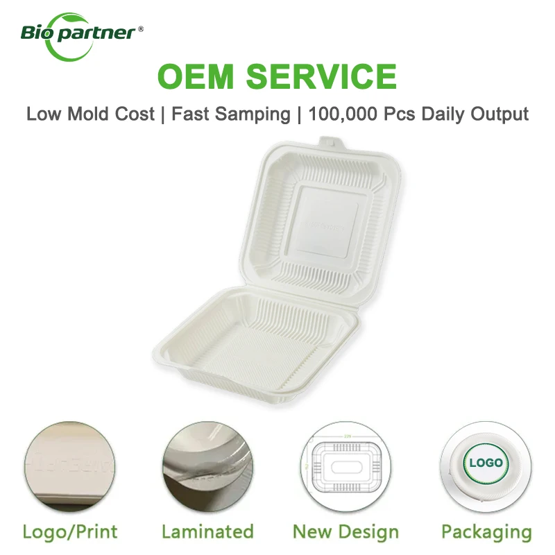 AK2 biodegradable togo food container disposable take away lunch packing bagasse pulp hinge hamburger box chips takeaway