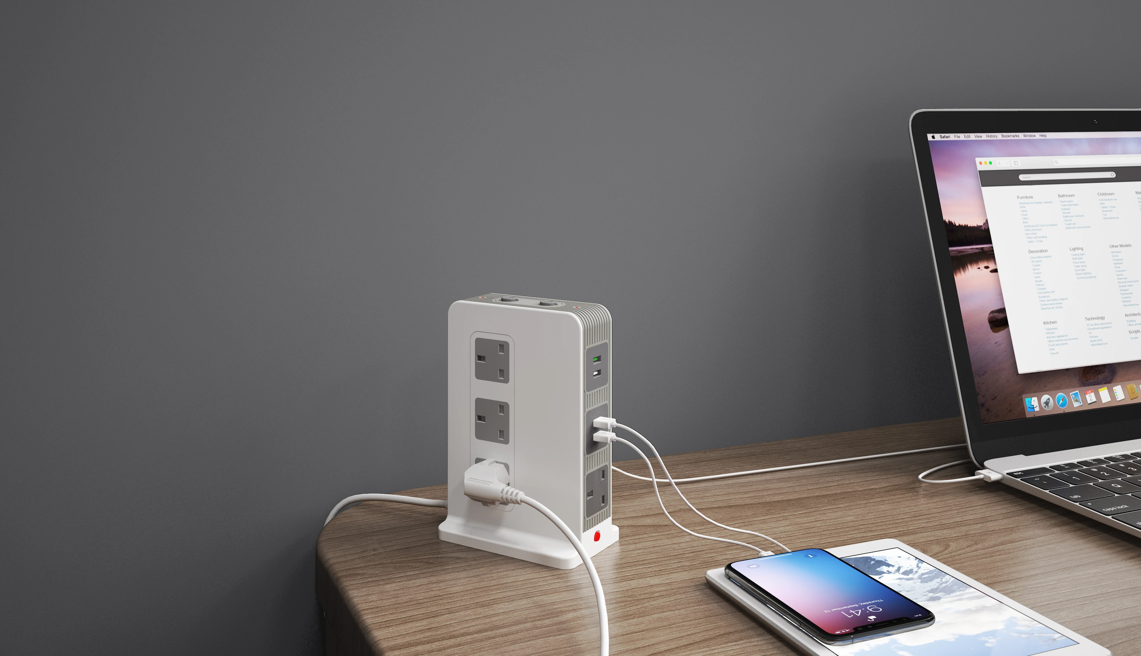 3 USB-A 1 QC Port Electric Socket With AC Outlet Power Switch Tower Extension Lead Uk Pin Plug And Cable