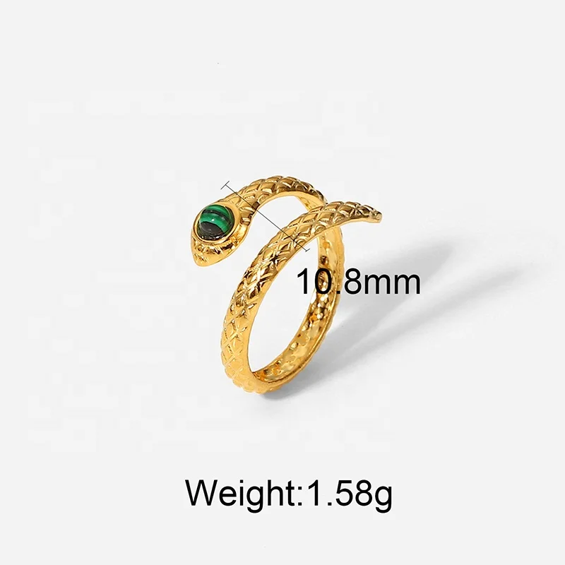 Fashion Stainless Steel Women Jewelry Colorful Malachite Natural Stone Gemstone 18K Gold Snake Adjustable Open Rings
