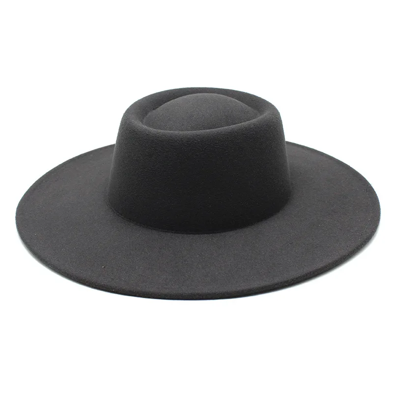 Low moq wholesale women men wide brim felt custom logo flat top fedora hats