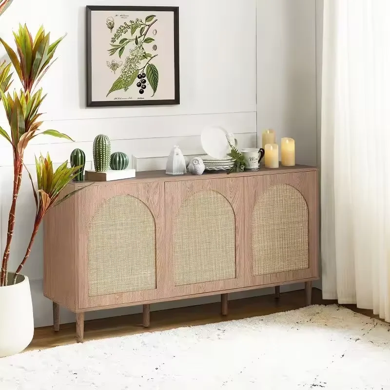 New stock arrival nordic style modern designs natural storage sideboard display wood living room rattan kitchen cabinet
