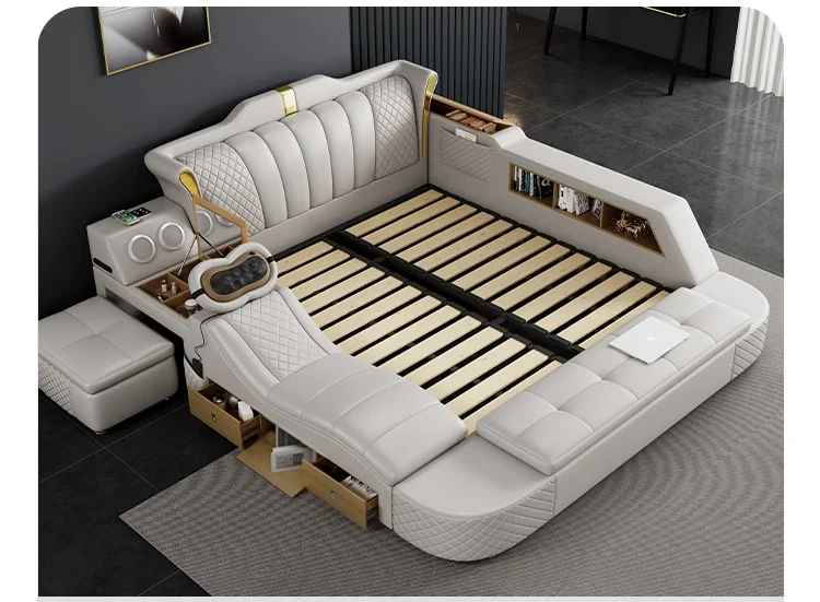 2024 multifunctional smart bed leather king size bed frame with wireless charger massage bedroom furniture se