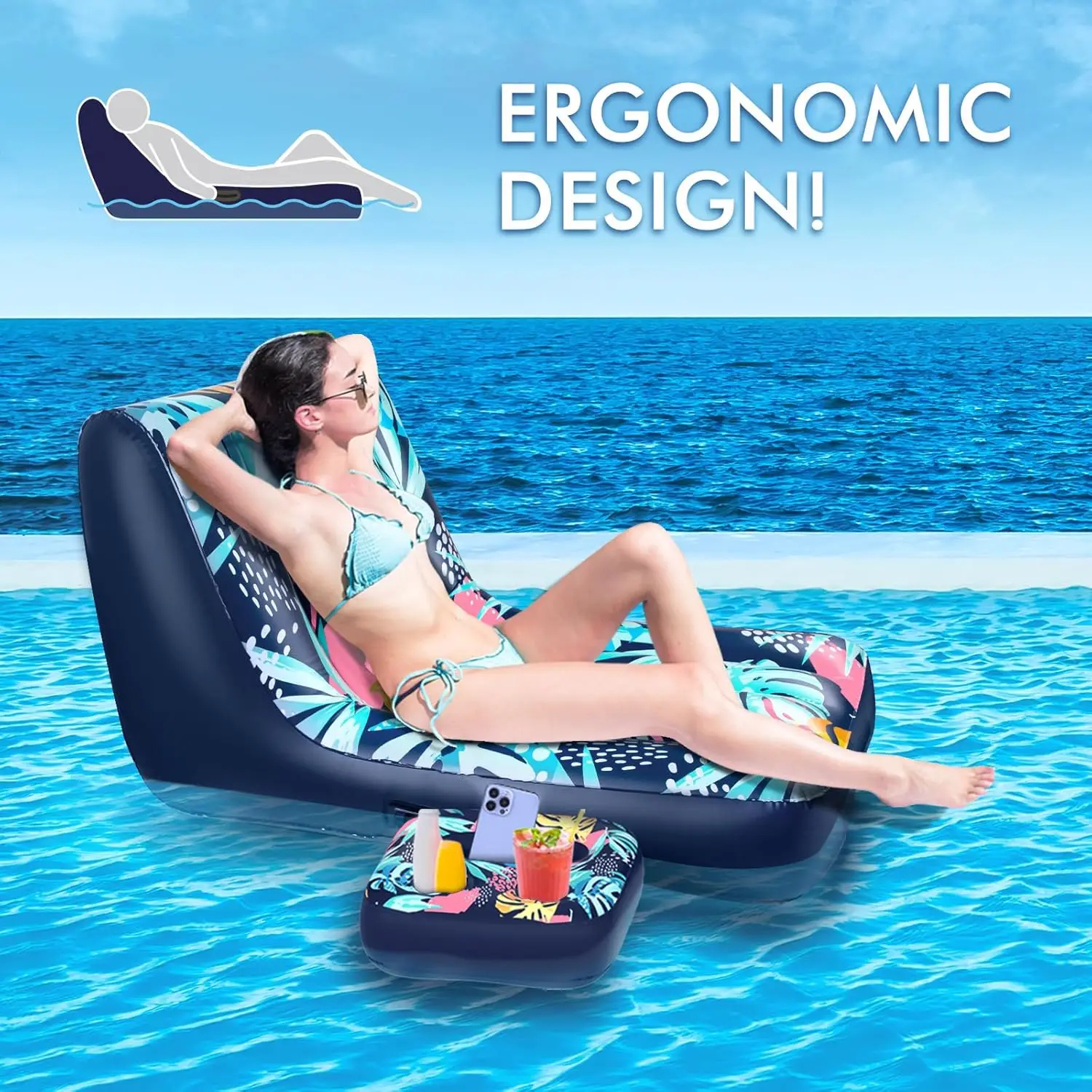 Pool Float Lounger, Inflatable Floating Chair with Cupholder Caddy, Heavy Duty Floaties Toys Adult Size for Pool, River