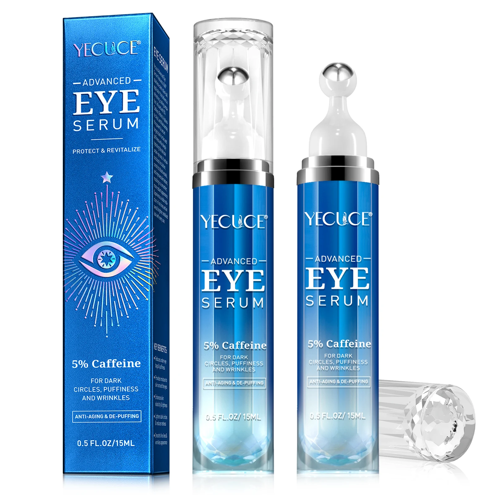 YECUCE hyaluronic acid anti aging eye contour serum roller 360 dark circle eye wrinkle puffy bags retinol caffeine eye serum