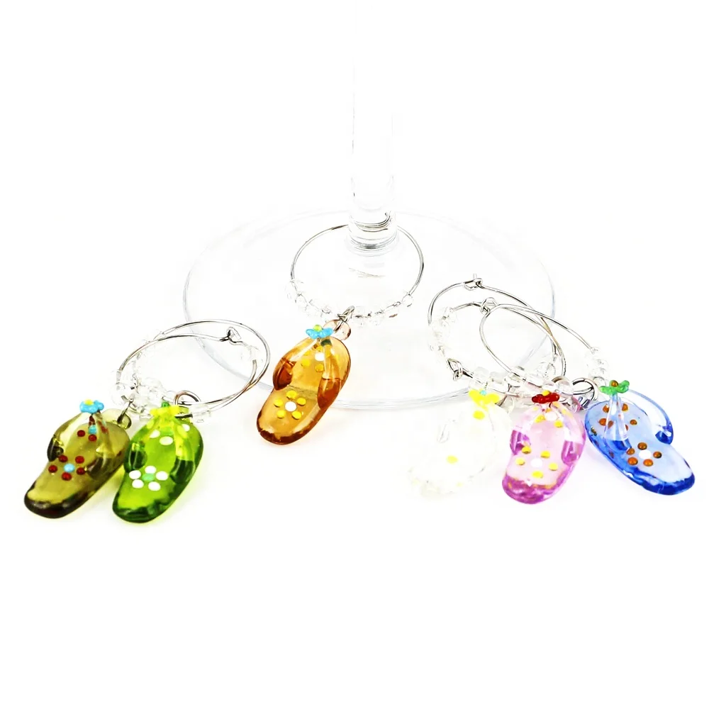 Set of 6 Glass Flip Flops markers for event party decoration glass wine charms