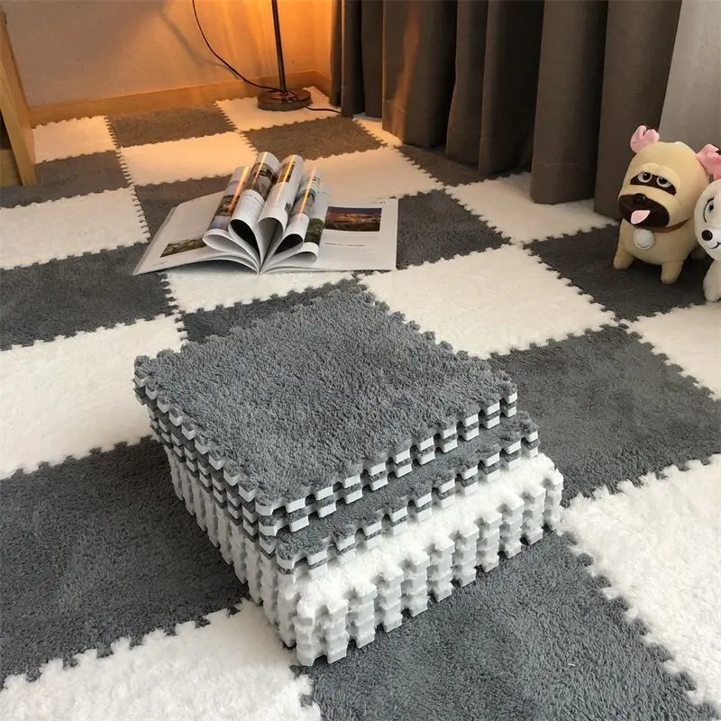 KL Factory Sale Interlocking Floor Mats Tiles Eva Puzzle Hairy Rug Washable Baby Play Mat Plush Carpet