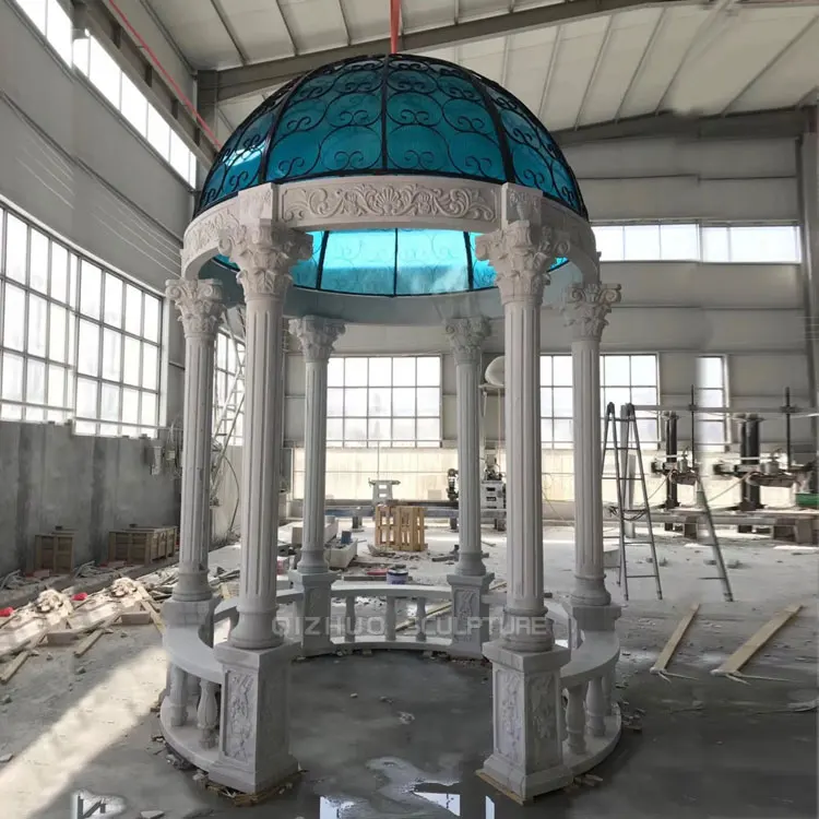Simple Modern Design Garden Decoration Hand Carved Color Stone Column Iron Dome Marble Gazebo For Sale