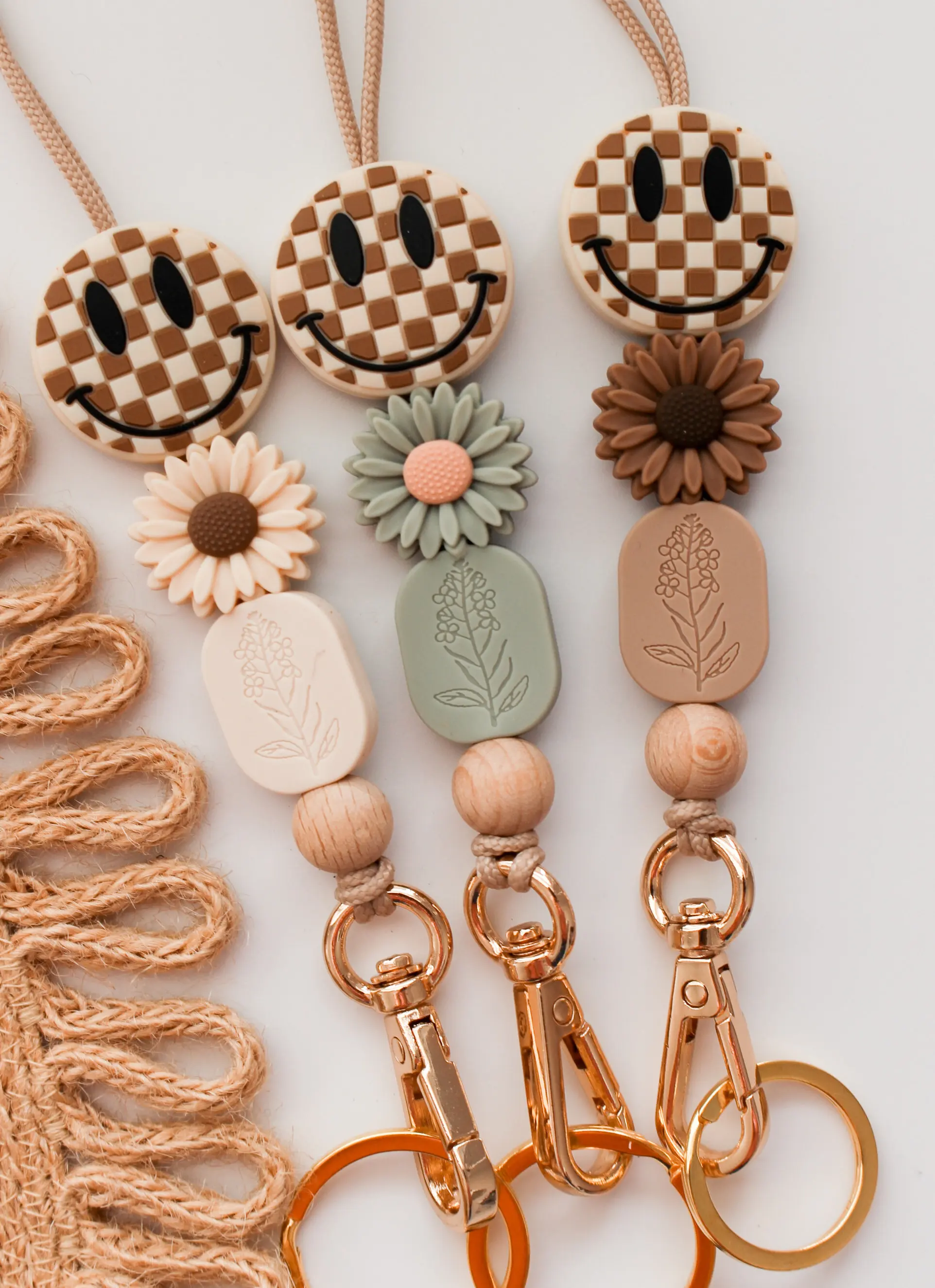 New Style Chic Bohemian Style Silicone Beads Daisy Smiley Face School Day Lanyard Key Chain