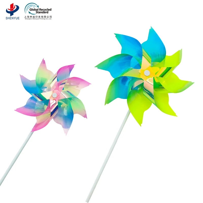 High quality multi-shapes fun spinning windmill toy sparkly PET material carton box package pinwheel
