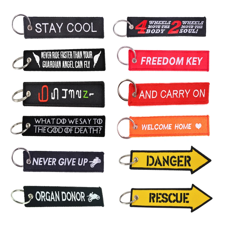 We offer a variety of motorcycle embroidered keychains featuring the Remove Before Flight tagline, and support customization.