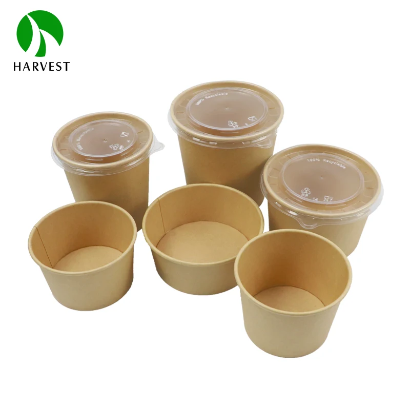 Eco-friendly PE Coated Disposable Takeaway Kraft Paper Soup Cups With Lids