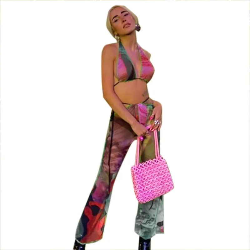 
Perspective of new printed halter neck tie with umbilical gauze summer 2021 clothing 2 piece short sets for woman 
