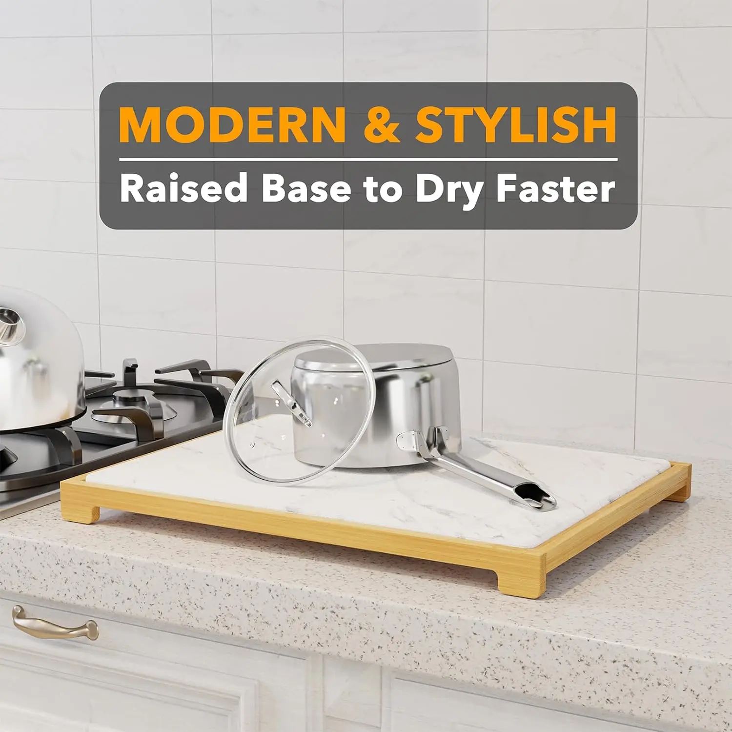 Skymoving New Super Absorbent Heat Resistant Dish Drying Mats Stone Dish Drying Mat for Kitchen Counter with Bamboo Rack