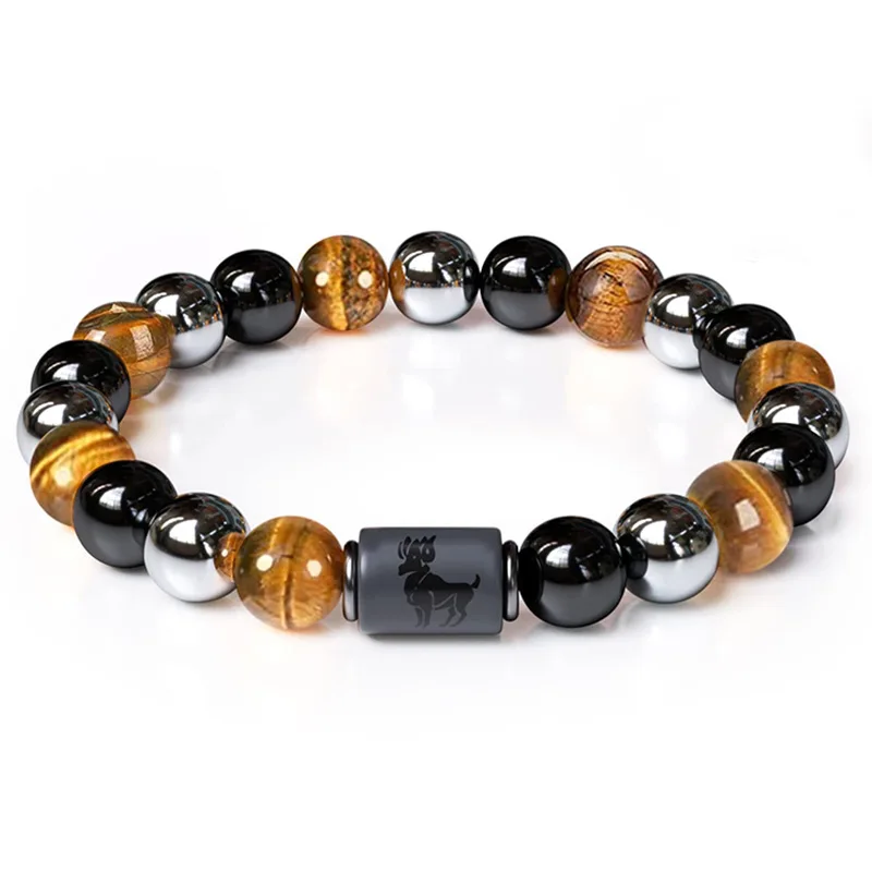 12 Zodiac Natural Stone 10MM Tiger Eyes Black Magnet Men Bracelets Cuff Elastic Bangle Jewelry