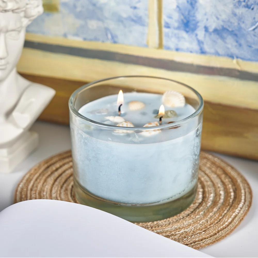 Novelty Style Shell Pillar Jar Natural 2 Wick Blue Scented Candles with Logo