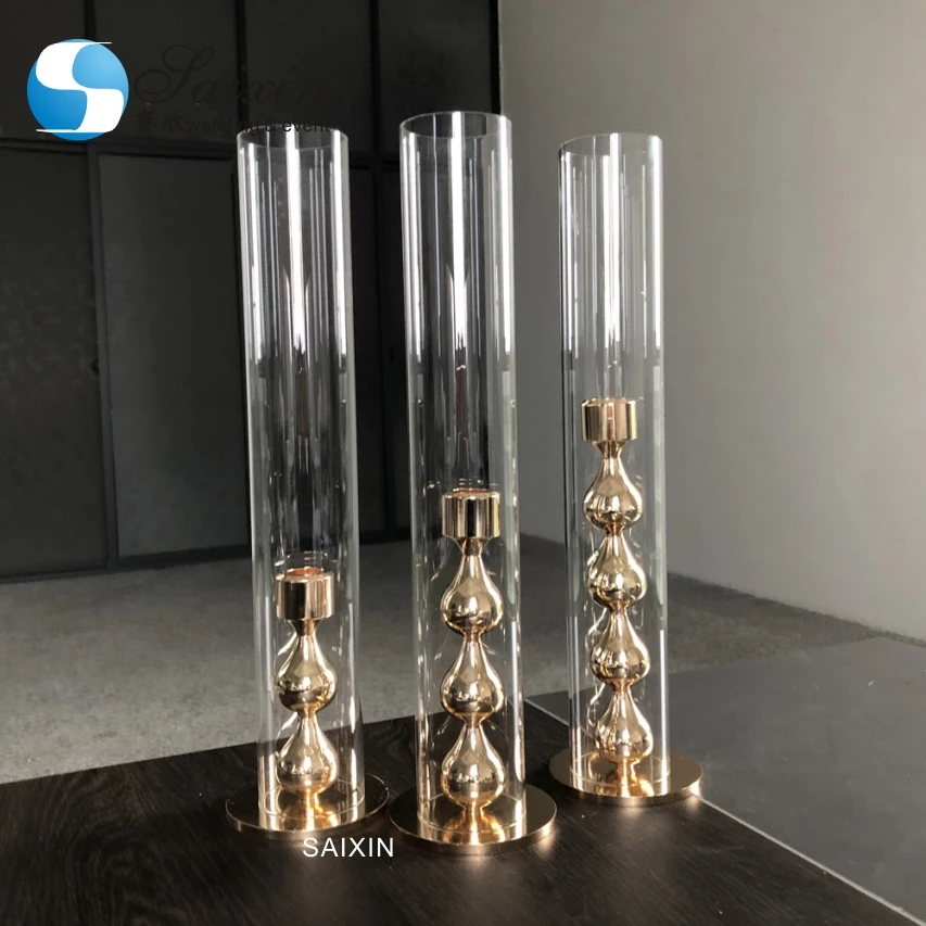 ZT-042  new modern candle holder with hurricane glass cover Iron gold candle holders set of 3 for wedding table centerpieces