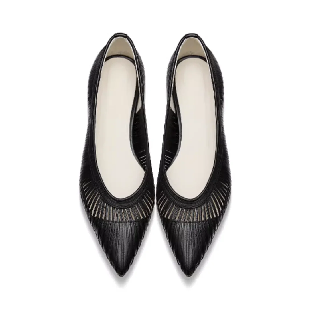 New custom handmade fashion Spain style pointed toe knitted soft leather flat pump shoes