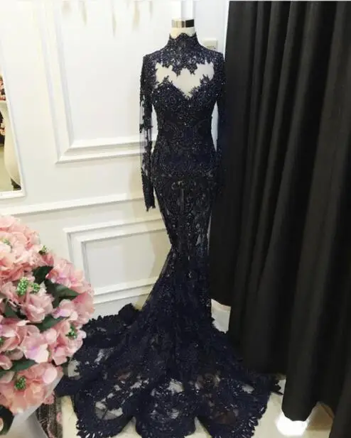 Sexy Sheer Lace Appliques High Neck Long Sleeve Black Gothic Wedding Dresses Gowns