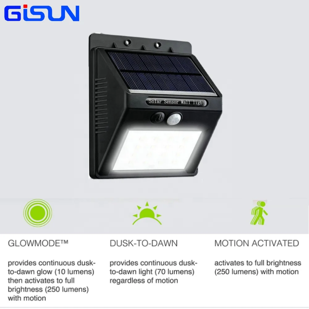GISUN led Ip65 Waterproof Smd Outdoor Sensor Lights Wall Aluminum Solar Wall Lamp With Motion Sensor