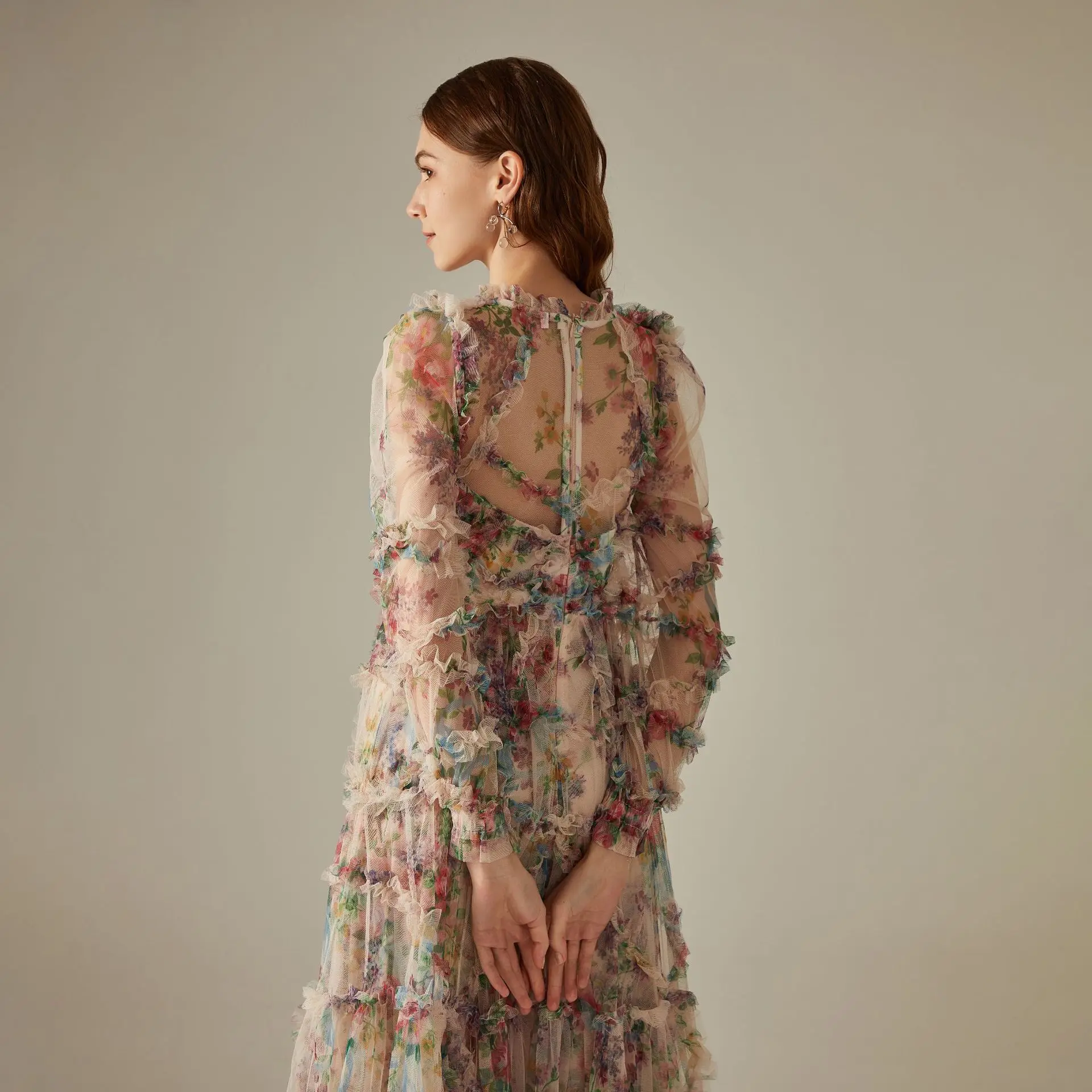 Pleat OEM Floral Long Sleeve  Mesh Long Women Ladies Dress Wedding Party Casual Women Undefined Mesh Fabric for Dresses