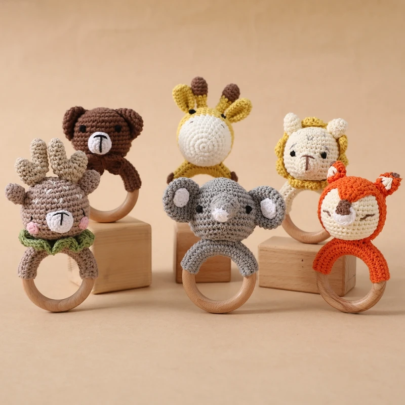 Exclusive Crochet Small Size Animal Rattle Wood Crochet  Rattle Toy Baby Teether Baby Teething Ring Wood