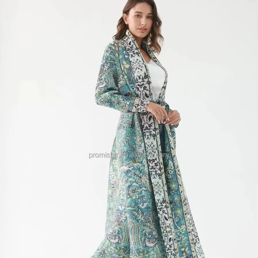 PROMISTAR Customized high quality Miyake Pleated Abaya Scarf Collar Belt Kaftan Robes Front Open Coat Women Muslim Modest Abaya
