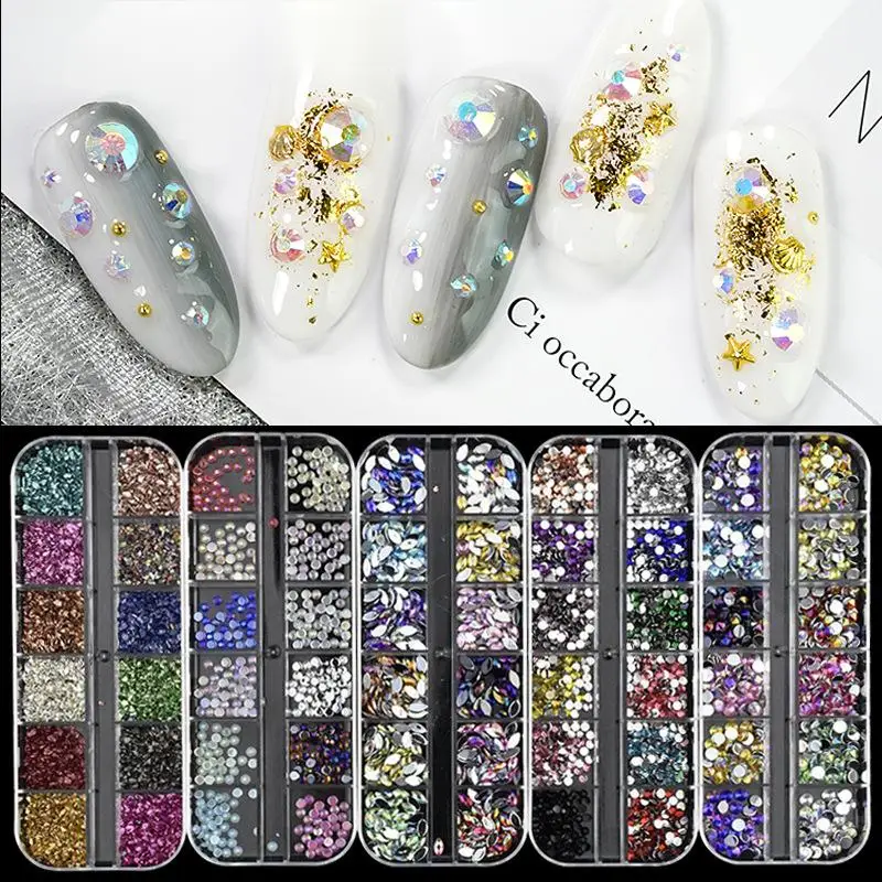 12 Grid Flat Back Diamond Crystals Stone  Nail Art Rhinestones Kit Press on Nails Set