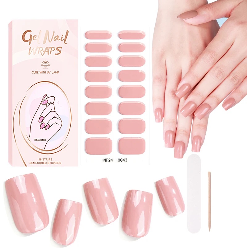 hot sale fairy nails fleshy pinks Solid color cream texture semi cure UV gel nail sticker