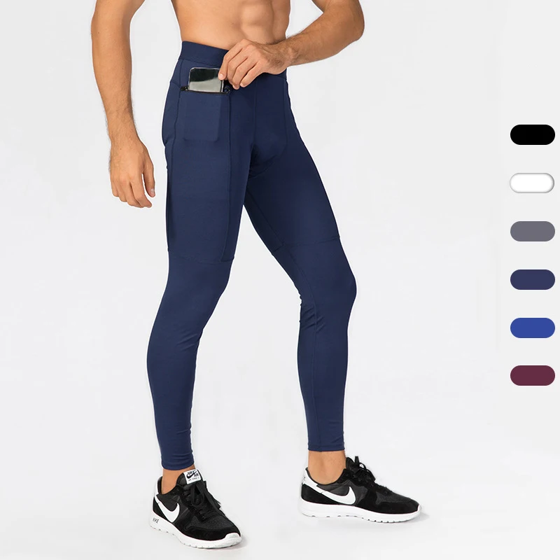 High Quality Solid Color Four-way Stretch Lightweight Men Gym Yoga Tight Seamless Pocket Leggings