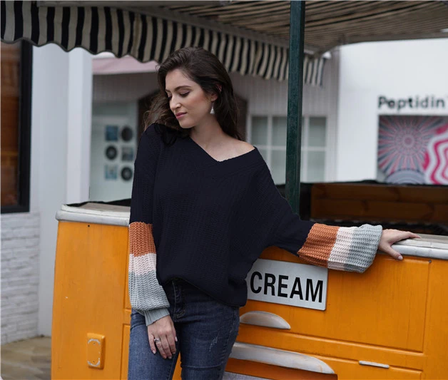 Хит продаж, женский полосатый пуловер с v-образным вырезом и рукавами-фонариками, свитер плюс размера, свитера в полоску