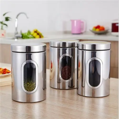 3Pc Food Storage Can Canister Set with Airtight Lid,Glass Window Stainless Steel