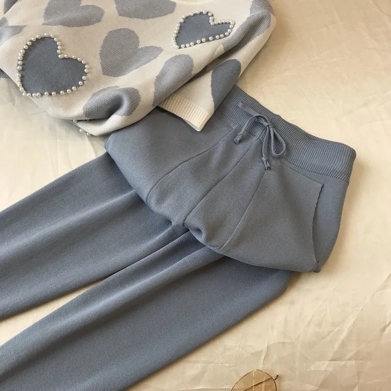 Korean summer Love fall knitted 2 piece Set Women long short sleeve beading Sweater Female tops pants Suit winter fall Tracksuit