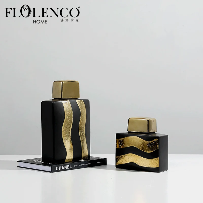 Modern Luxury Black Gold Novelty & Creative Home Decor Crinkle Ceramic Decorative Ginger Jar Bottle