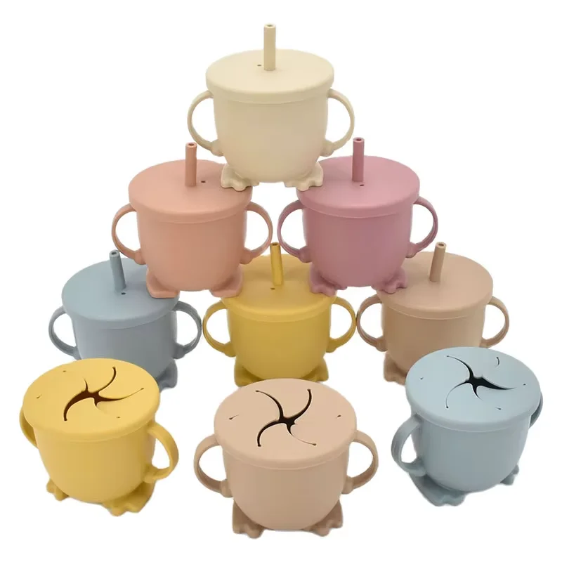 Non-Slip BPA-Free Toddler Learning Training Cups Silicone Baby Snack Cup 2 in 1 Sippy Cup With Straw and Lids for Kids